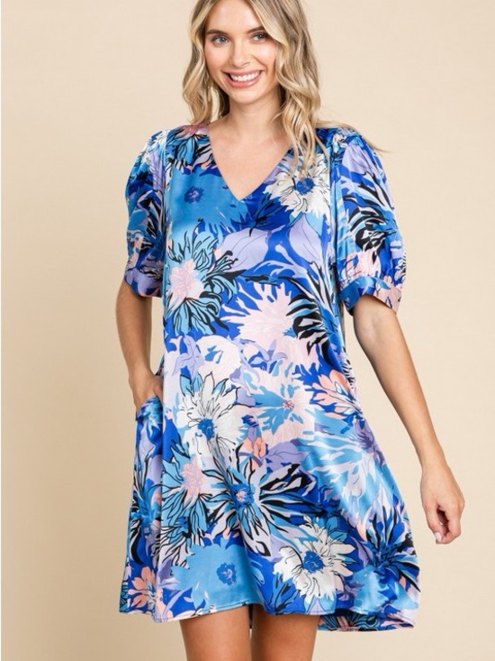JODIFL Dresses & Skirts - Blue Satin Floral V-Neck Puff Sleeve Dress